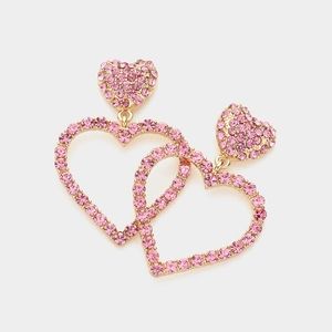 Pink Heart Hoop Dangle Earrings Double Rhinestone Crystal Statement Jewelry